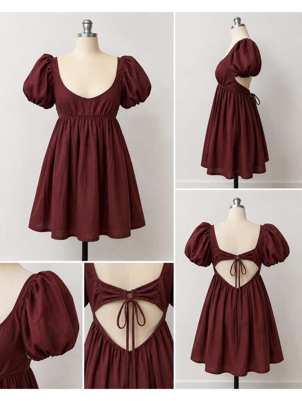 Free People Women’s Size M Brown Puff Sleeve Open Back Tie Babydoll Mini Dress